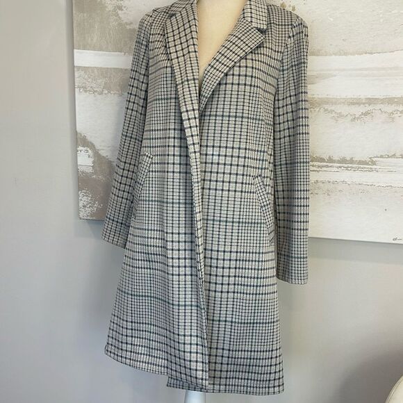 Melloday TRENCH COAT GREY BLUE PLAID SLASH POCKET OPEN FRONT - Picture 1 of 7